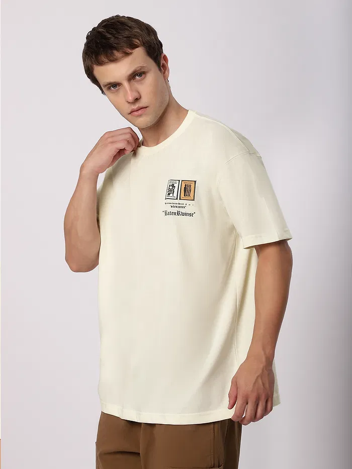 Cream Stamps Printed Oversized T-Shirt